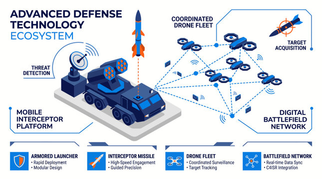 Advanced Defense Technology Ecosystem Infographic Isometric Military Missile Launcher Truck and Coordinated Drone Fleet Network Vector Illustration