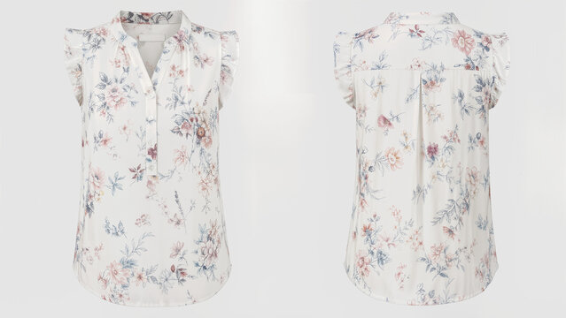 This sleeveless floral blouse is shown from front and rear views, featuring a soft ruffle collar, buttoned placket, and lightweight fabric with a delicate botanical print for apparel catalogs