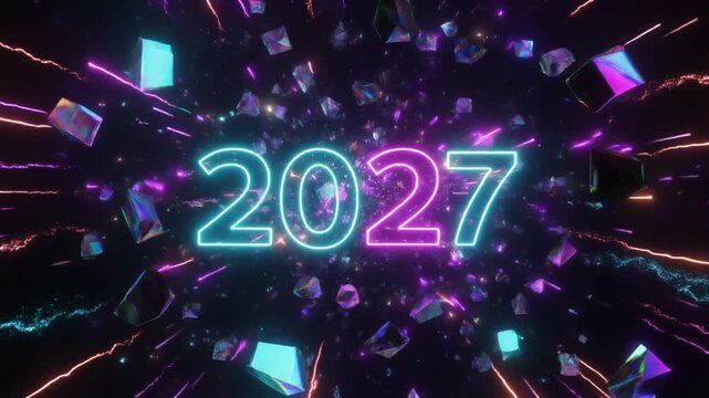 Neon 2027 Text Animation with Colorful Firework Explosion and Glowing Light Effects.