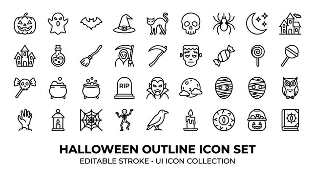 Halloween icons depict various spooky illustrations and symbols.