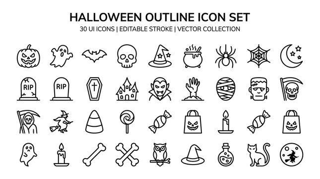 Halloween icons depict spooky Halloween party symbols and objects.