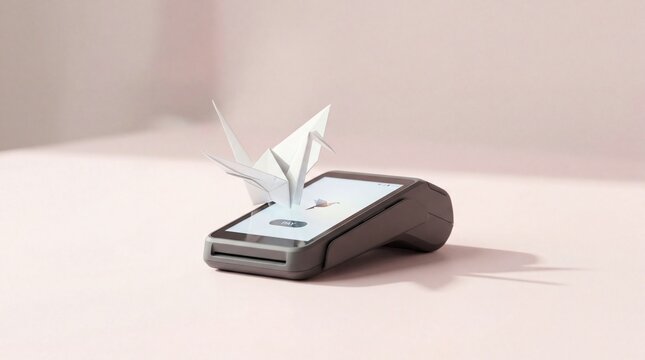 Origami Crane on Payment Terminal Screen - Digital Transaction Concept