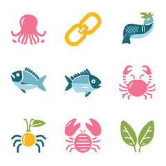 Fototapeta premium Colorful Aquatic Animal Icons Set