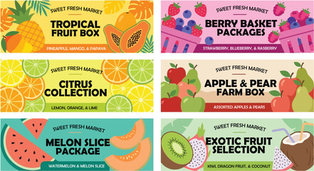 Naklejka premium Collection of colorful fruit boxes and packages from a sweet fresh market, featuring tropical, berry, citrus, apple, pear, melon, and exotic selections.