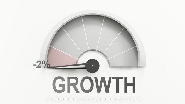 Growth meter showing low values of growth. Falling numbers, Diminishing to minimum, reaching zero, below the norm. Lack of growth. No AI, made by humans for humans. ,3d illustration