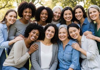 Fototapeta premium Smiling diverse group of women hugging outdoors