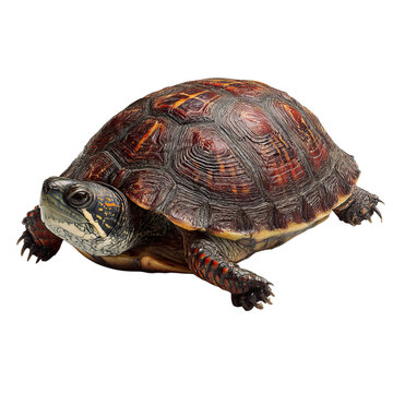 PNG of Close-up of a vibrant turtle with intricate shell patterns and details.