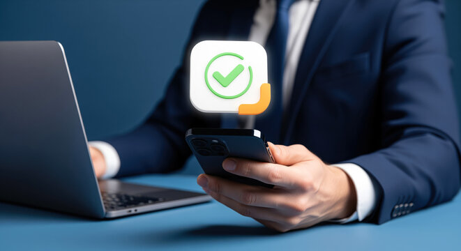 Mobile verification notice for secure login and account access, person receiving approved check mark alert during identity confirmation, password reset, two step authentication or private message