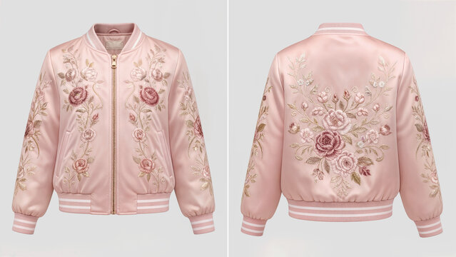 A pale pink bomber jacket features ornate floral embroidery on the front and back, ribbed cuffs, a zip fastening, and a satin-like finish presented from two matching views