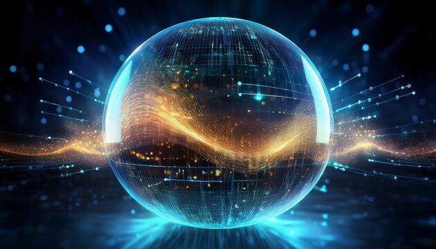 abstract spheres display sound wave patterns digital data flow is visualized inside a glass ball a futuristic network graphic with particles and light