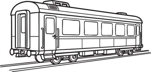 Train passenger car coloring page, modern railway carriage on tracks, vector outline illustration for kids, detailed locomotive transport drawing, © ADOBE STOCK
