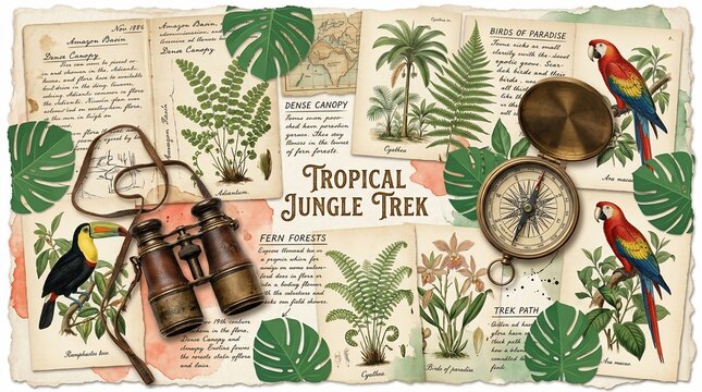 Vintage jungle trek collage with binoculars, compass, parrots, and botanical sketches.