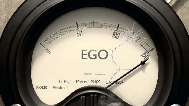 Ego meter showing high levels of ego. Dangerously increasing values of ego, critical overload. Too much, off the charts. Max ego ,3d illustration