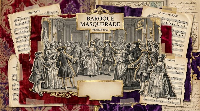 Vintage Venice baroque masquerade collage with historical engraving, sheet music, and gold accents.