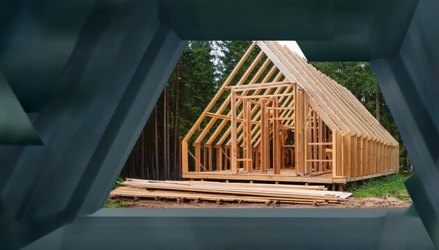 in the forest there is a construction of an a frame house which displays wooden frames and partially finished exteriors