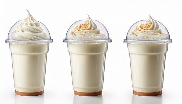 vanilla milkshake in plastic takeaway cup isolated on white background