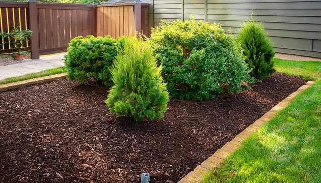 the landscaper used dark mulch to surround the fresh green shrubs a new garden bed filled with healthy plants and grass exemplifies great landscaping care seasonal yard work was performed