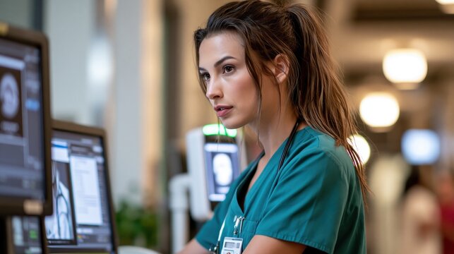 Nurse monitoring medical imaging on screens in a hospital environment demonstrates diligent care and deep clinical expertise.