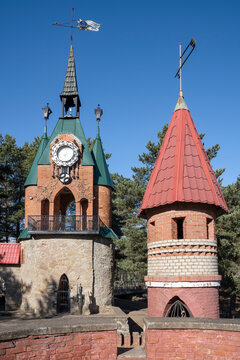 View on the towers in the fabulous town of Andersengrad, Sosnovy Bor, Leningrad Region, Russia (vertical)