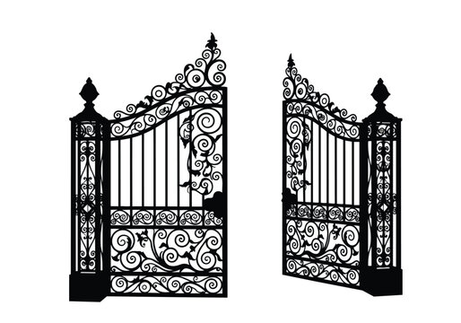 Ornate wrought iron gate vector set. Detailed open and closed decorative metalwork with floral scrolls. Architectural entrance, security, elegance concept.