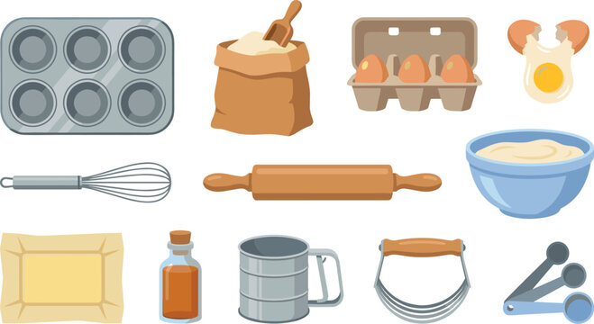 Baking Tools and Ingredients Vector Illustration with Muffin Tin, Flour, Eggs, Whisk, Rolling Pin, Batter, Butter, Vanilla, Sifter, Pastry Cutter, and Measuring Spoons