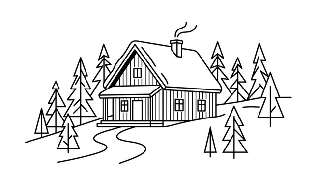 Rustic log cabin in a snowy winter forest with pine trees, isolated white background