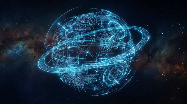 Futuristic digital planet hologram with glowing data network in deep space