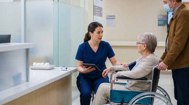 Triage Nurse Reassuring Older Patient At Emergency Intake Desk