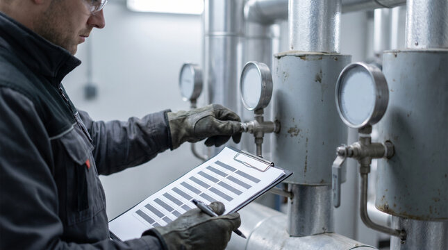 Maintenance Technician Inspecting Mechanical Room Systems With Checklist