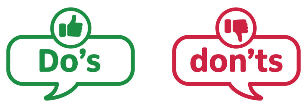Dos and don'ts icon set with thumb up and thumb down symbols, like and dislike signs, index finger indicators, and guideline graphics, vector illustration, vector, designs