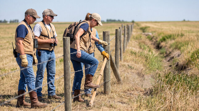 Volunteer Search Team Navigating Fence Crossing In Open Pasture