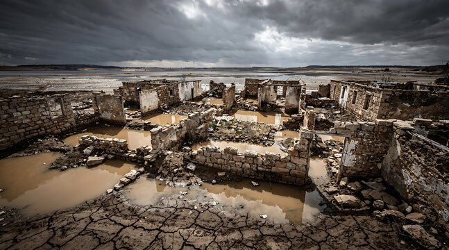 Ruins of a stone building in a drought stricken landscape.