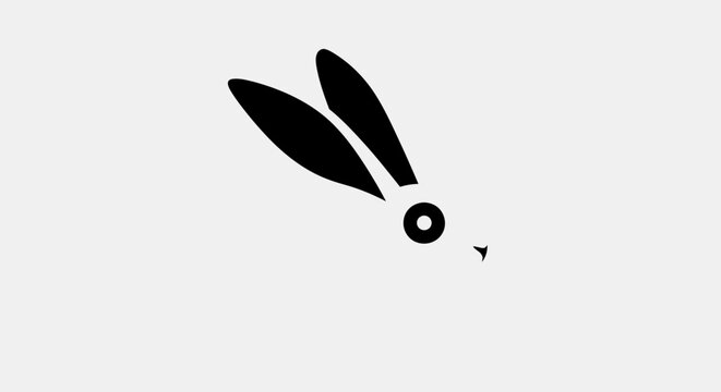 A minimalist black and white graphic illustration of a small rabbit head