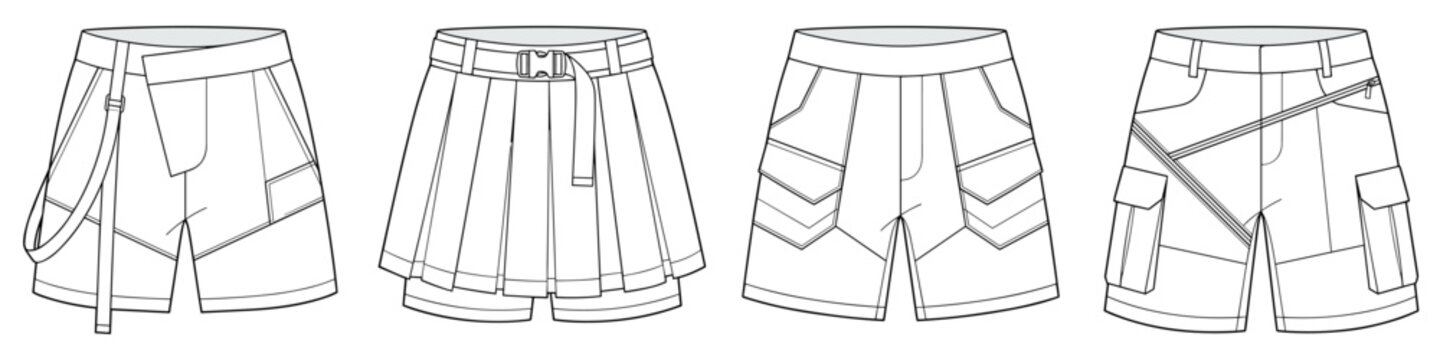 flat sketch set of womens pleated skort and cargo utility shorts vector illustration. CAD mockup.