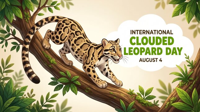 International clouded leopard day illustration with a clouded leopard on a tree branch