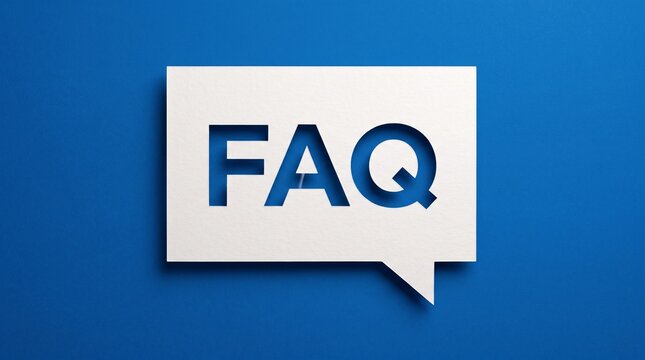 A white speech bubble with faq text on a blue background