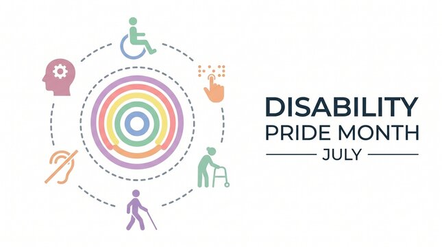 Disability pride month july colorful icons on white background
