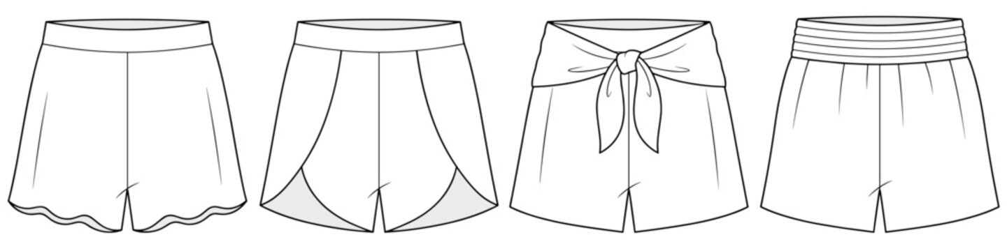 flat sketch set of womens scalloped hem and tie front shorts vector illustration. CAD mockup.