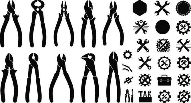 Work tools and pliers vector silhouettes set featuring wire cutters nippers spanners wrenches industrial gear icons and mechanic hardware repair elements