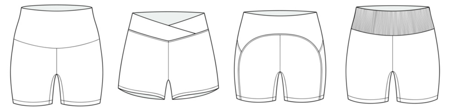 flat sketch set of womens high rise yoga and ribbed bike shorts vector illustration. CAD mockup.