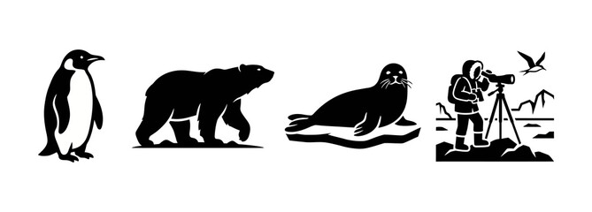 Set of Arctic Wildlife and Expedition Explorer Silhouettes in Black and White © TIFA