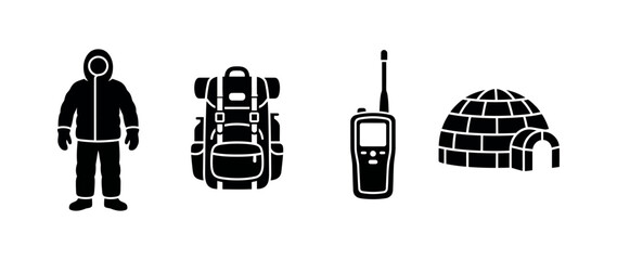 Black silhouette icons for arctic exploration and winter adventures, featuring essential gear like a warm-clad explorer, backpack, communication radio, and an igloo dwelling © TIFA