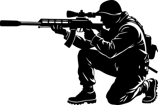 Kneeling Sniper Silhouette &ndash; Tactical Rifle Hunter Vector Icon