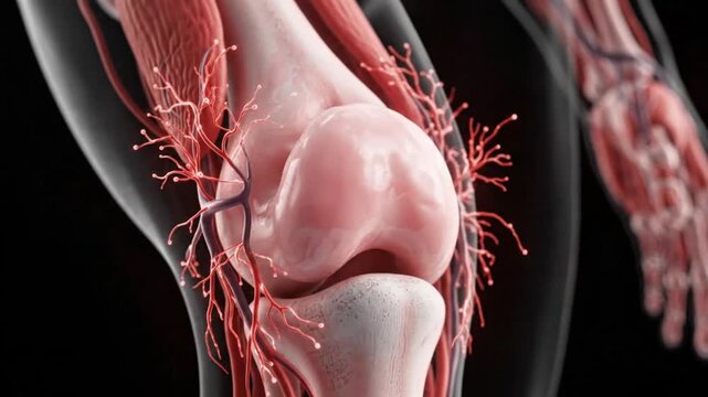 Highly realistic 3D rendered medical animation of an inflamed male right knee slowly healing in dramatic slow motion. Inflamed cartilage, ligaments, and soft tissue regenerate progressively 