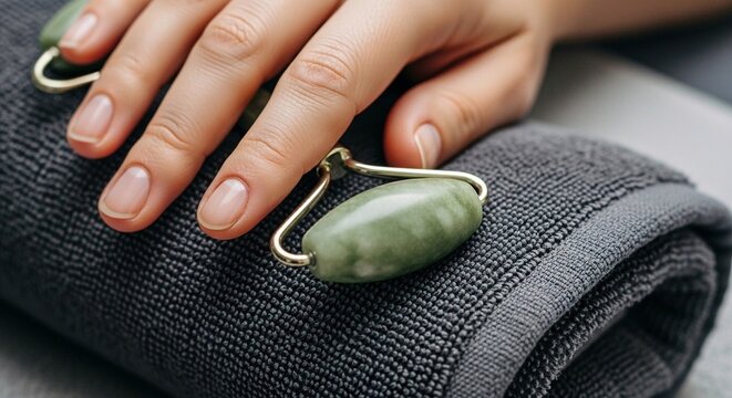 Close-up of hand attaching green jade whisk to towel with metal clip