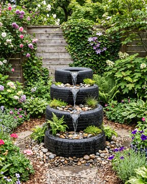 Garden water fountain made of stacked recycled tires
