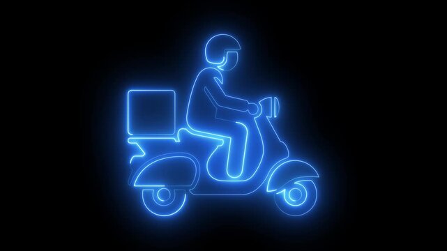 glowing neon Scooter, delivery rider icon isolated on black background. representing courier delivery service logistics and modern urban transport application design. 4k video animation.
