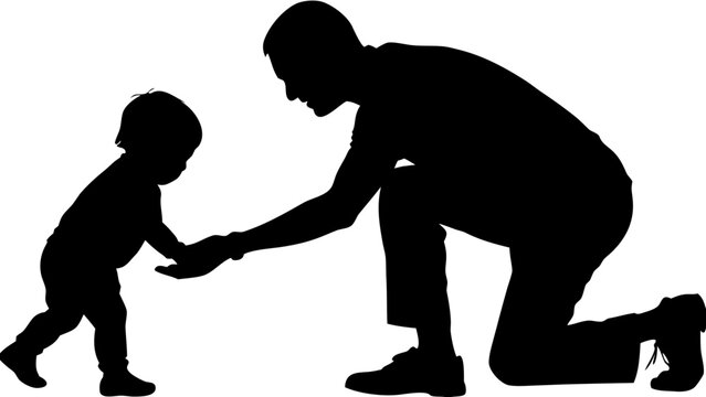 Father Helping Baby Walk Silhouette &ndash; First Steps Parent Toddler Vector Icon
