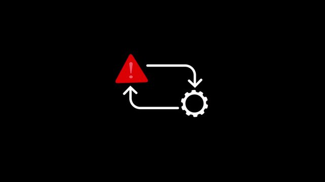 Animated alert and warning symbol with risk management process line icon on black background. Featuring rotating gear and warning sign. Flowing line and gear rotating graphic security animation