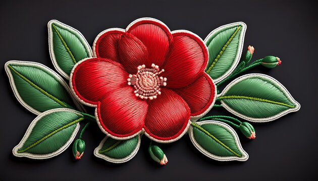 embroidered red flower patch with green leaves